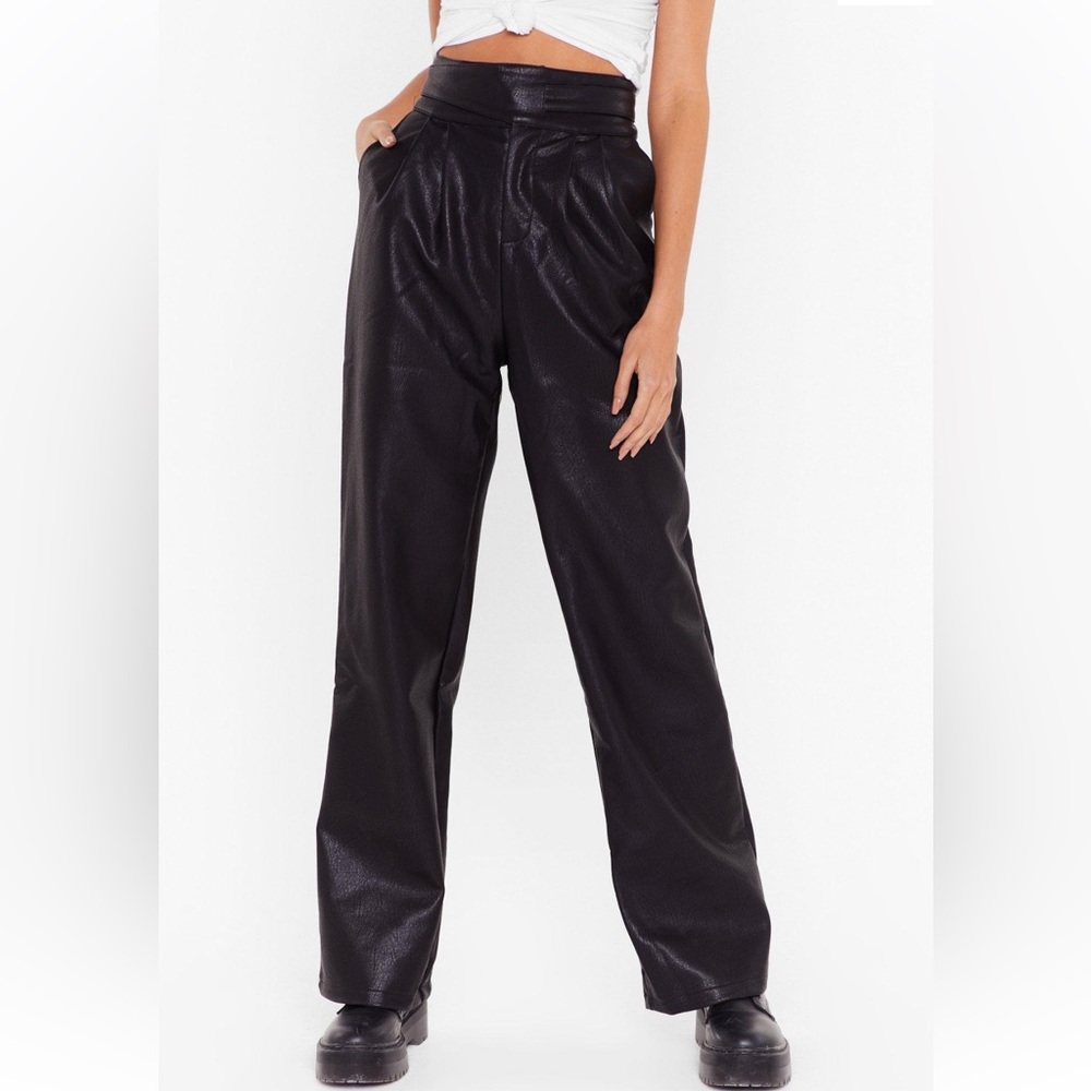 NASTY GAL NWT Black Faux Leather High Waisted Pants with Unique Belt Detail